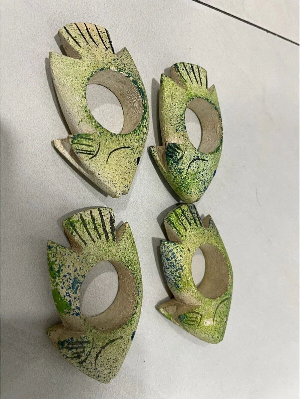 Fish Napkin Holders Rings Wooden, Tropical Fish Hand Painted Green - Set of 4